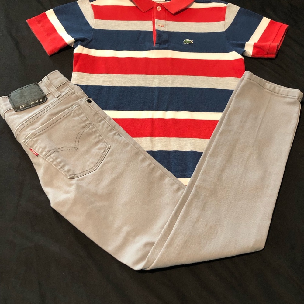 Lacoste Red, Blue, and Gray Polo with Gray Levi Jeans for Boys